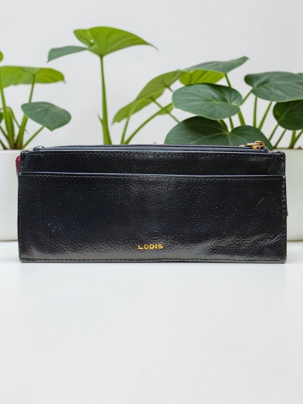 LODIS Black Leather Audrey Slim Long Zipper Pouch Card Holder Wallet-EUC